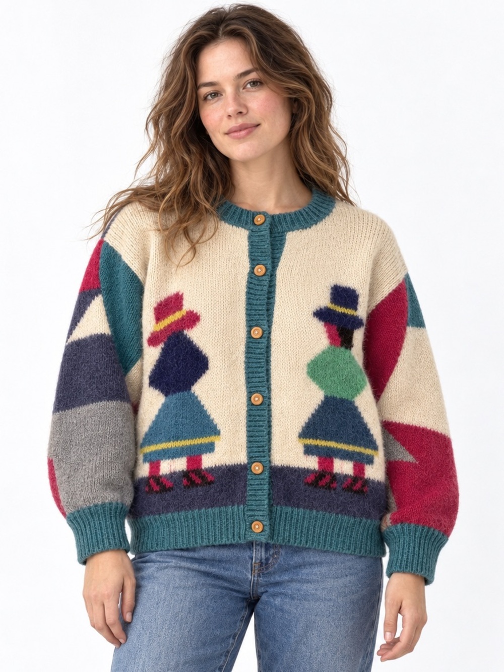 Vintage 90s Peruvian Folk Art Knit Cardigan Colourblock Sweater Medium/Large